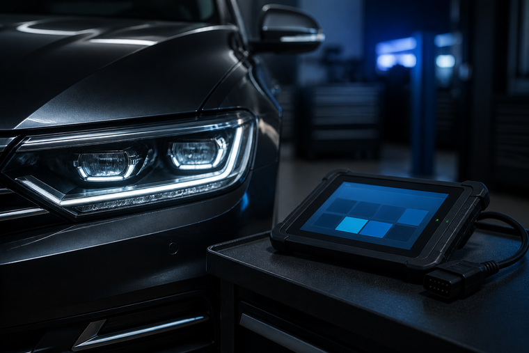 Die Front eines dunklen Autos mit leuchtendem LED-Scheinwerfer, daneben ein Diagnosegerät in der Werkstatt