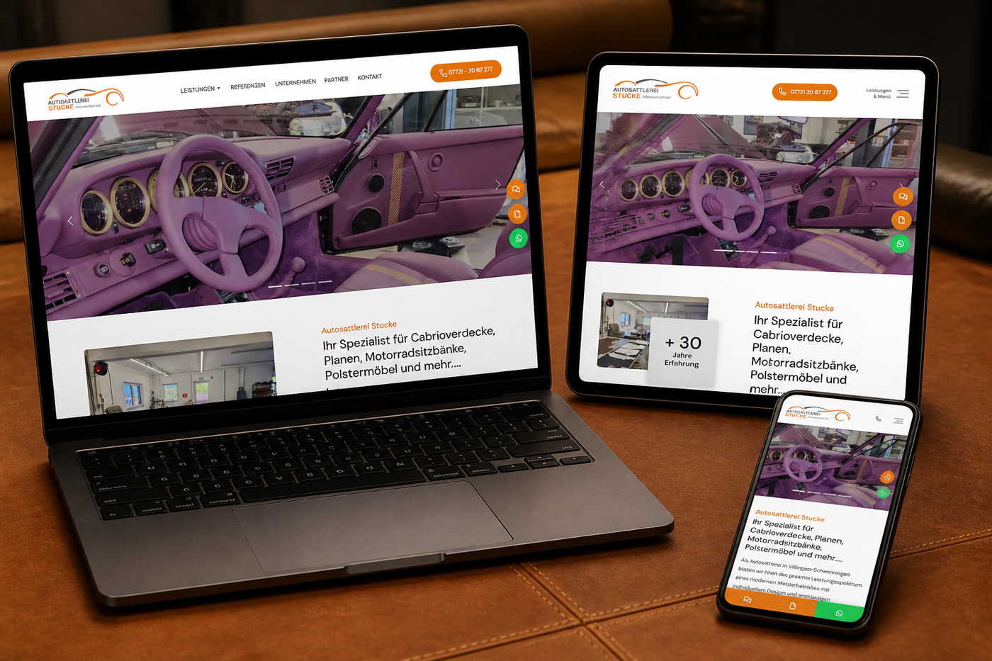Die Website der Autosattlerei Stucke auf Notebook, Tablet und Smartphone