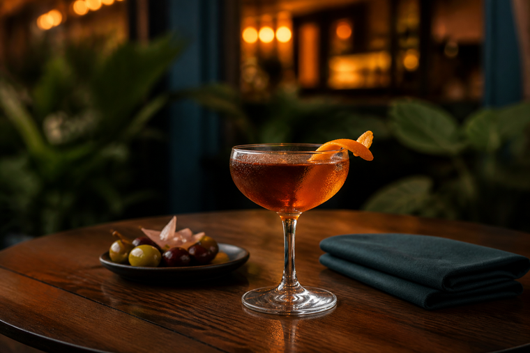 Ein Cocktail mit Orangenzeste und eine Schale Oliven auf einem Tisch im abendlichen Restaurant