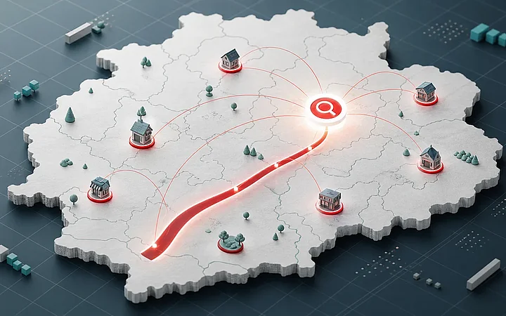 Eine Landkarte, auf der rote Linien mehrere Betriebe mit einem leuchtenden Suchsymbol in der Mitte verbinden