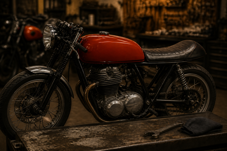 Ein rotes Café-Racer-Motorrad in einer Werkstatt