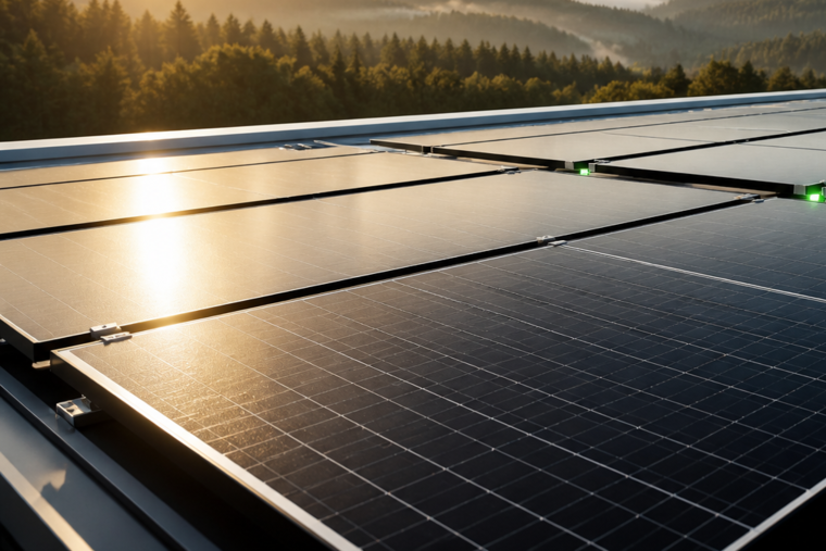 Photovoltaik-Module auf einem Flachdach in der Morgensonne, dahinter bewaldete Hügel