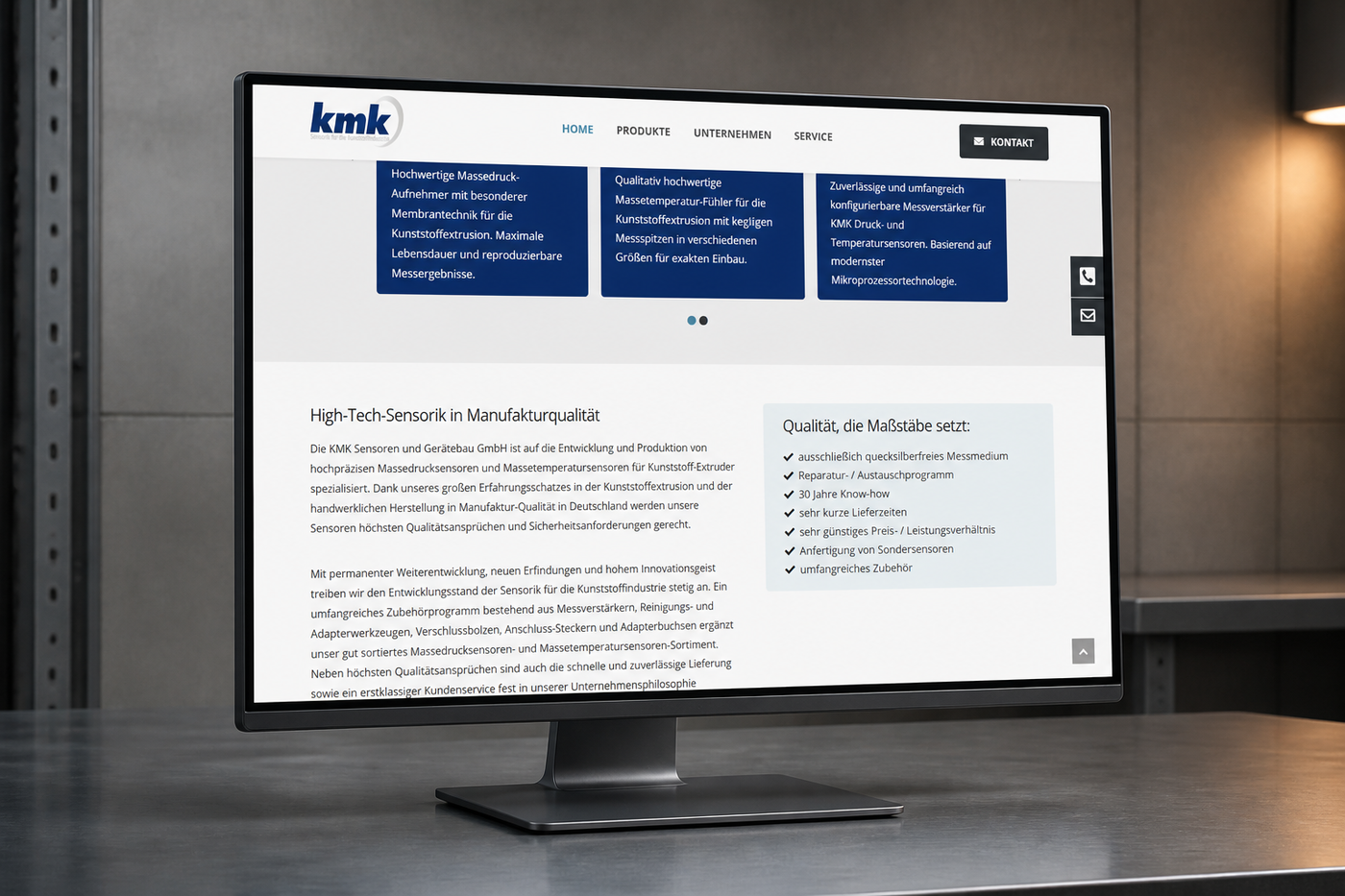 Die Website von KMK Sensoren- und Gerätebau auf einem Monitor, beim Abschnitt „High-Tech-Sensorik“