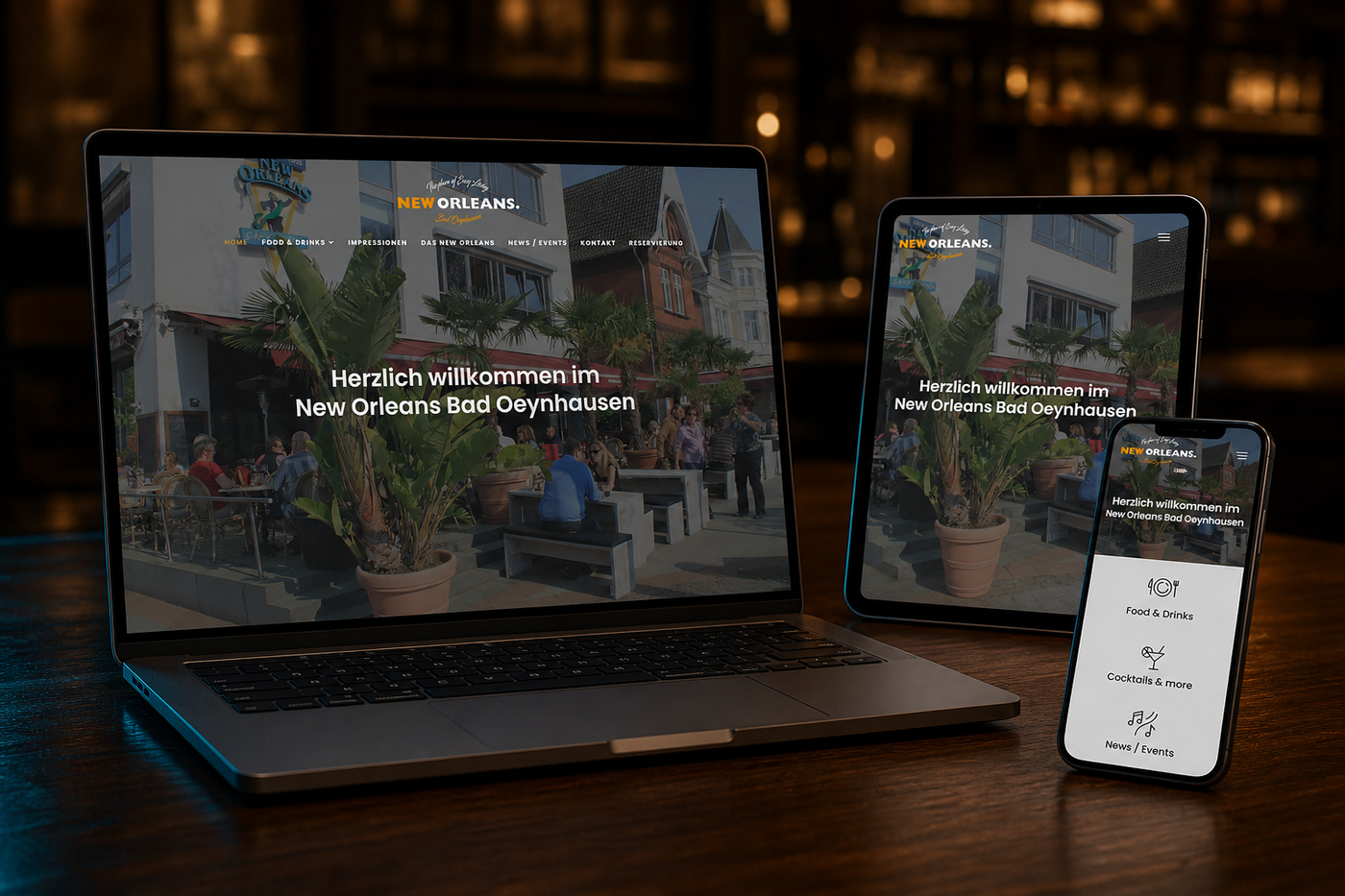 Die Website des New Orleans Bad Oeynhausen auf Notebook, Tablet und Smartphone