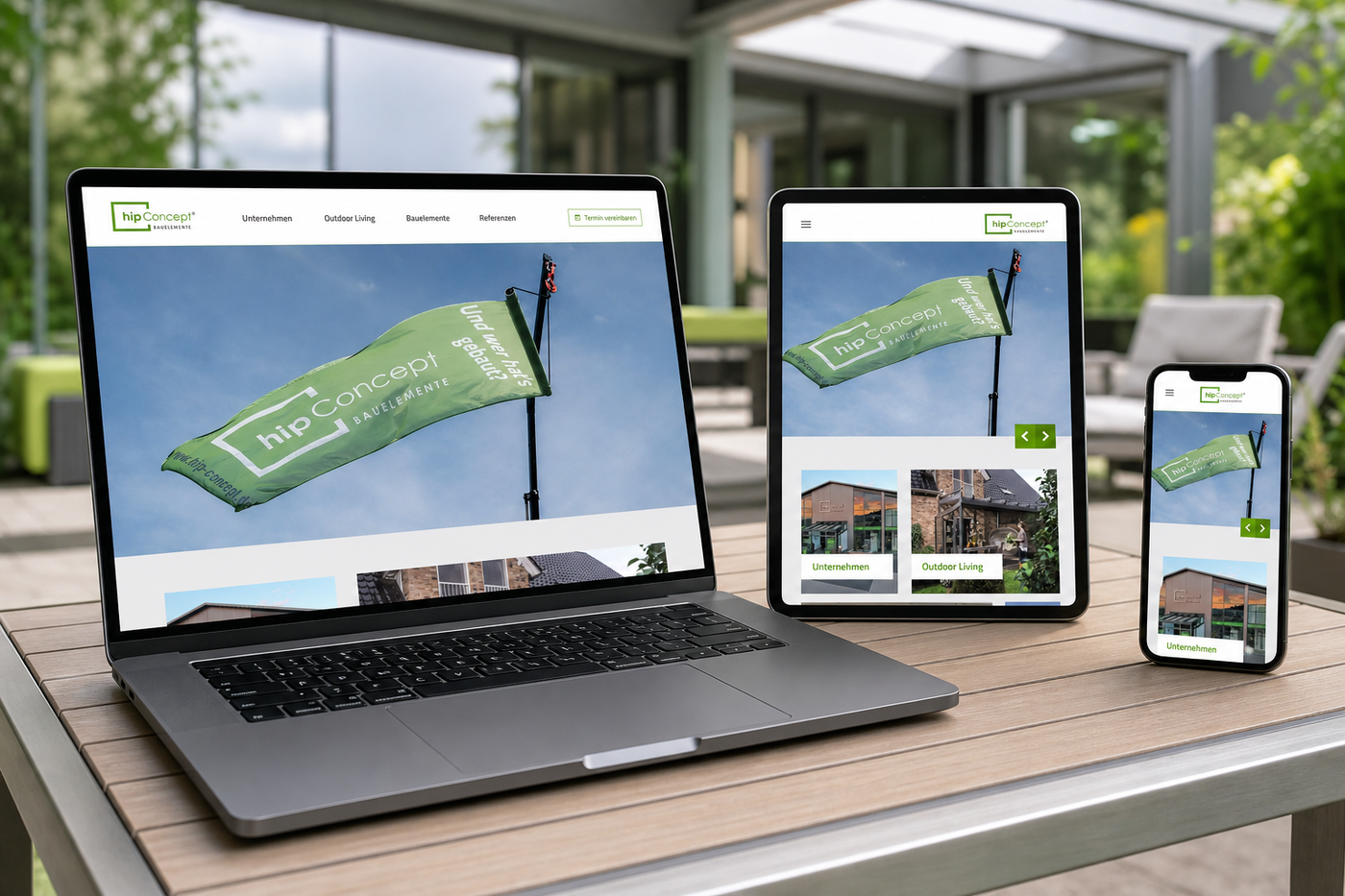 Die Website von hip Concept Bauelemente auf Notebook, Tablet und Smartphone