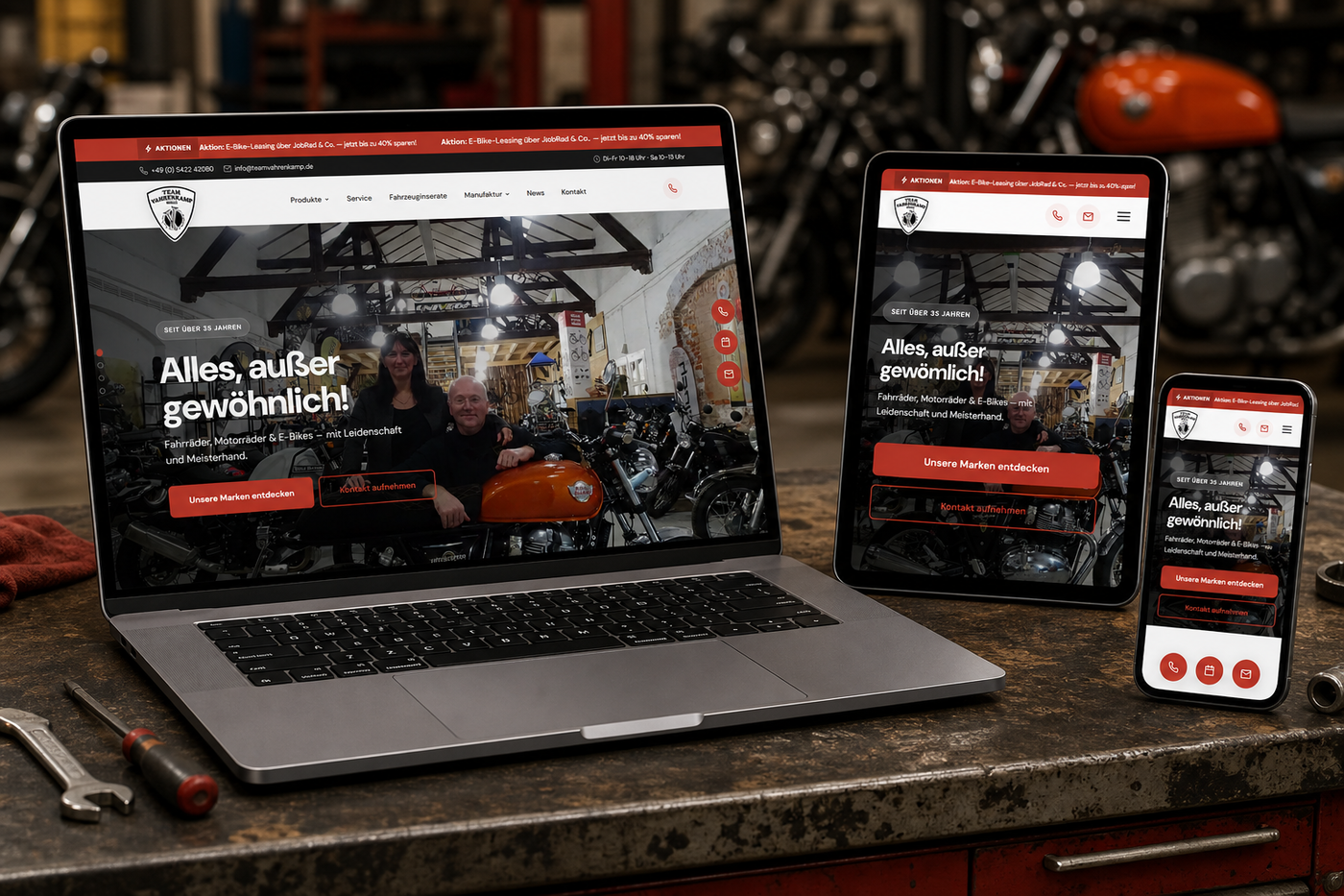 Die Website von Team Vahrenkamp auf Notebook, Tablet und Smartphone