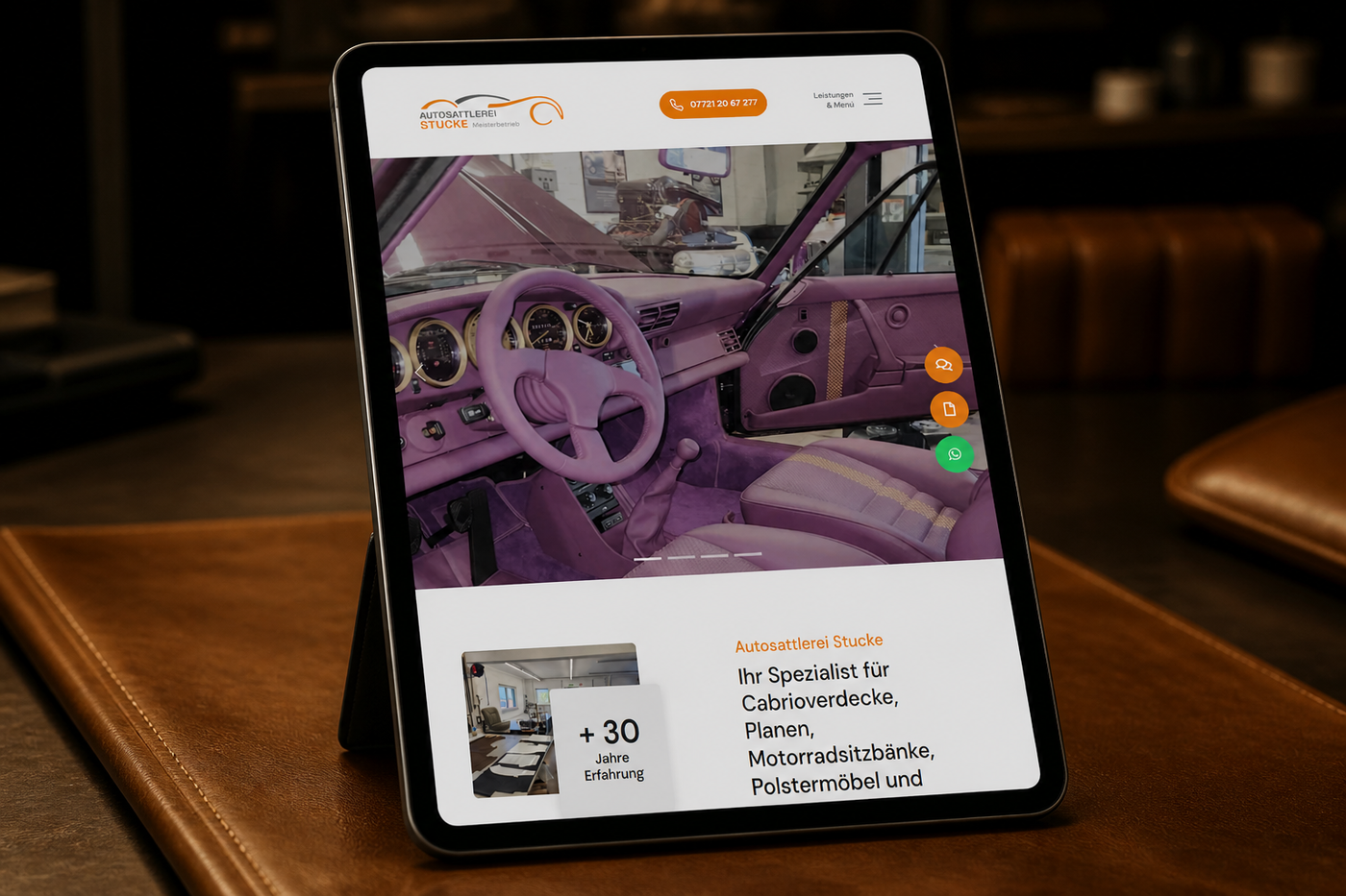 Die Website der Autosattlerei Stucke auf einem Tablet