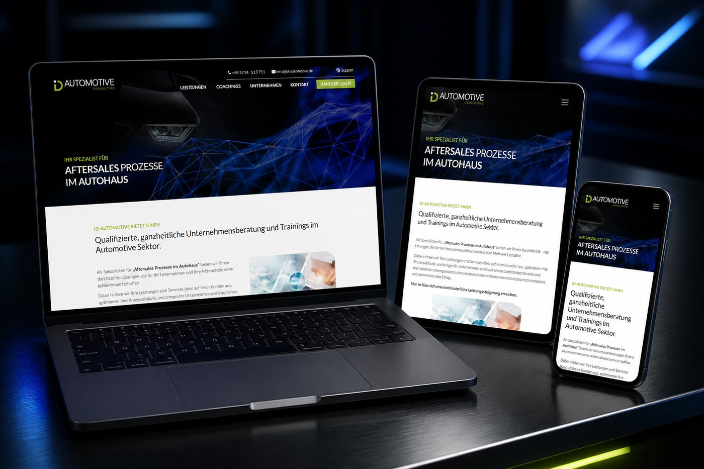 Die Website von ID Automotive Consulting auf Notebook, Tablet und Smartphone