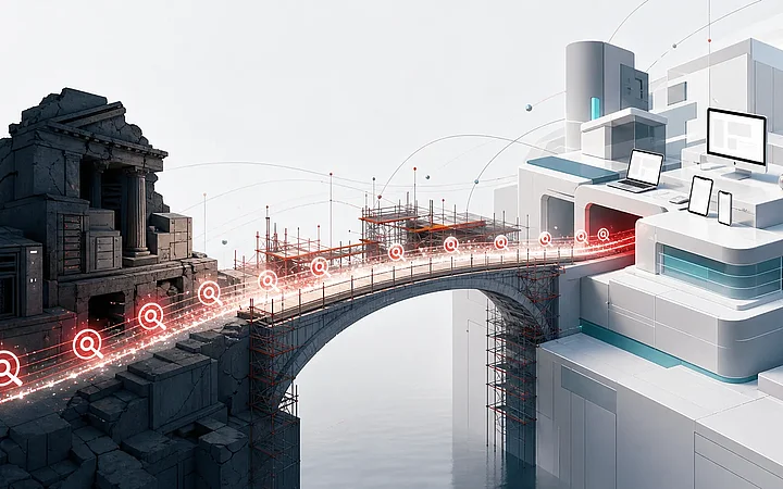 Eine Brücke mit Baugerüst führt von einer Ruine zu einem hellen Neubau mit Website auf Monitor, Notebook und Smartphone