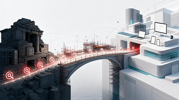 Eine Brücke mit Baugerüst führt von einer Ruine zu einem hellen Neubau mit Website auf Monitor, Notebook und Smartphone